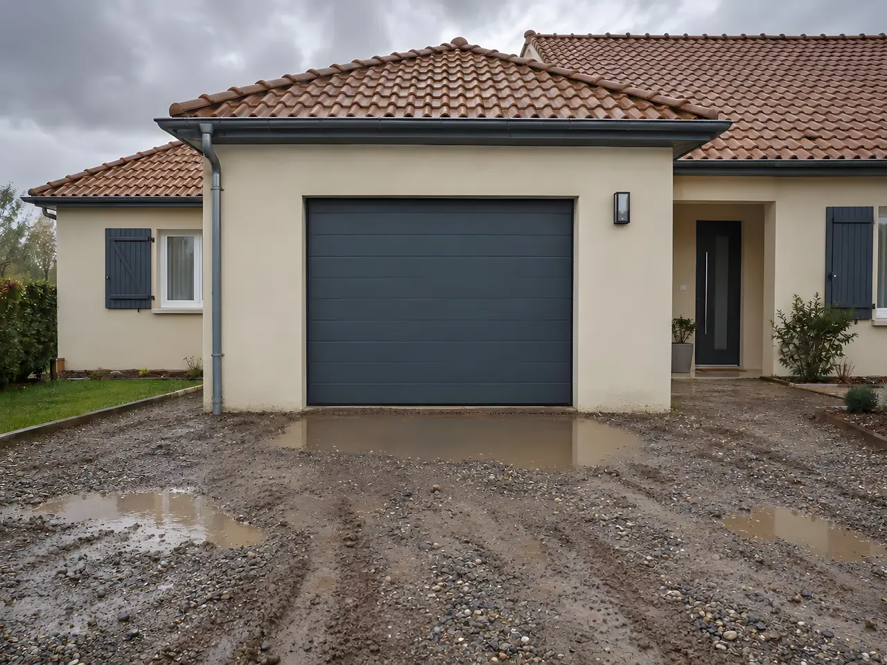 Cour devant un garage : terre boueuse creusée d'ornières et grandes flaques d'eau après la pluie