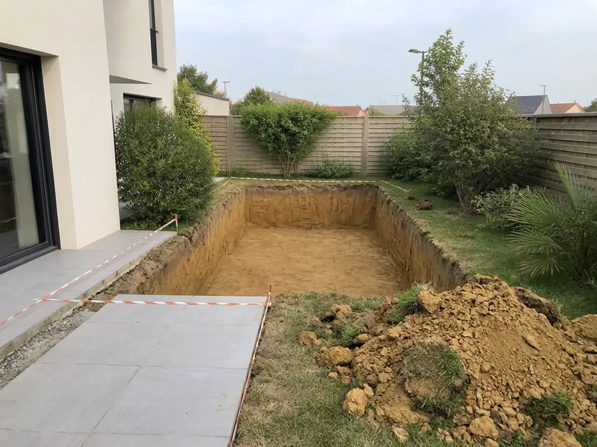 Le même jardin : fouille de bassin ouverte, parois nettes, déblais en tas
