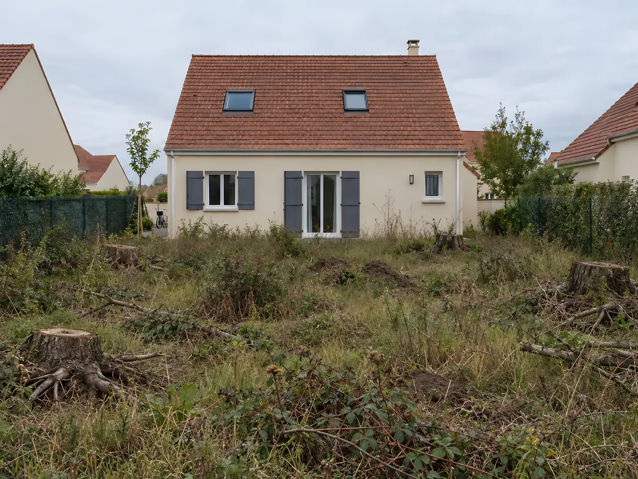Jardin derrière une maison neuve, envahi d'herbes hautes, de ronces et de souches
