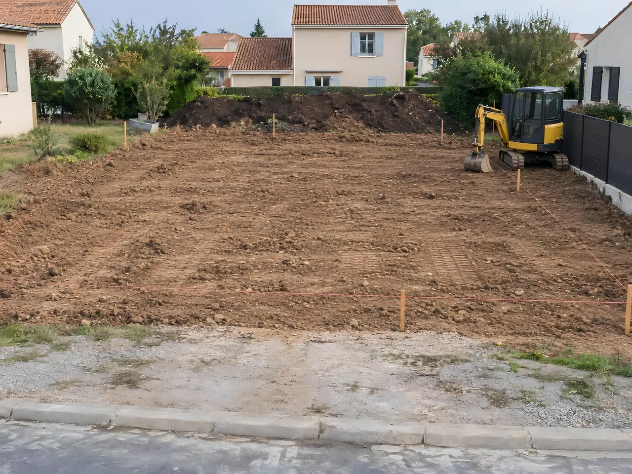 Terrain décapé, terre végétale en tas, piquets et cordeaux du géomètre