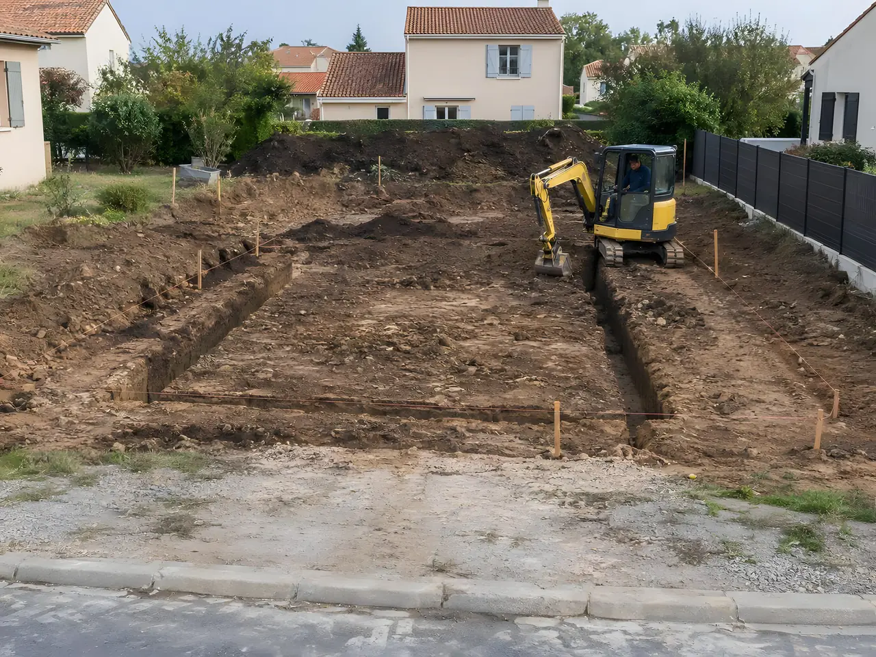 Le même terrain, tranchées des fondations creusées à la mini-pelle