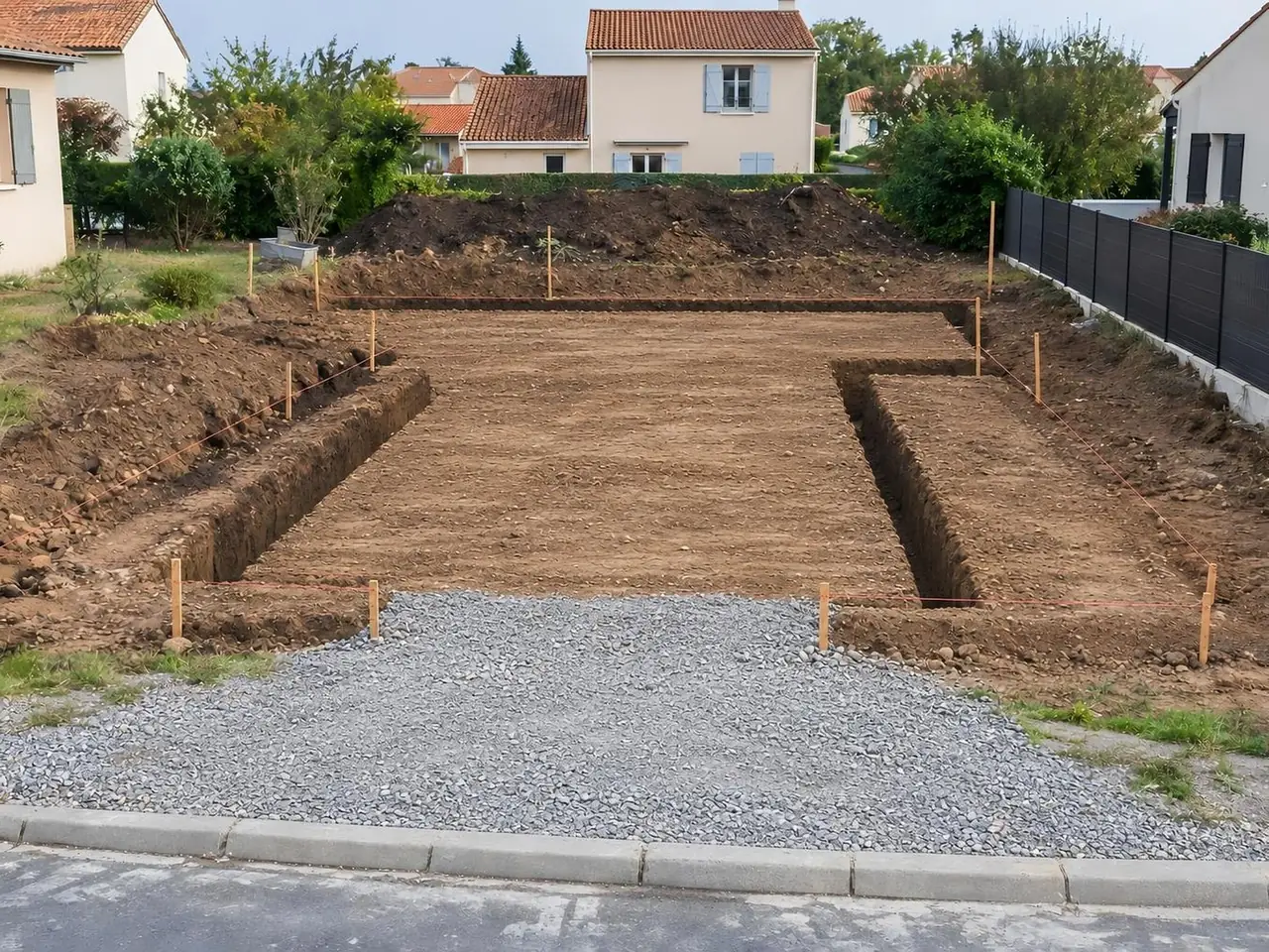 Terrain prêt pour le maçon, tranchées des fondations nettes, accès en cailloux compactés depuis la rue
