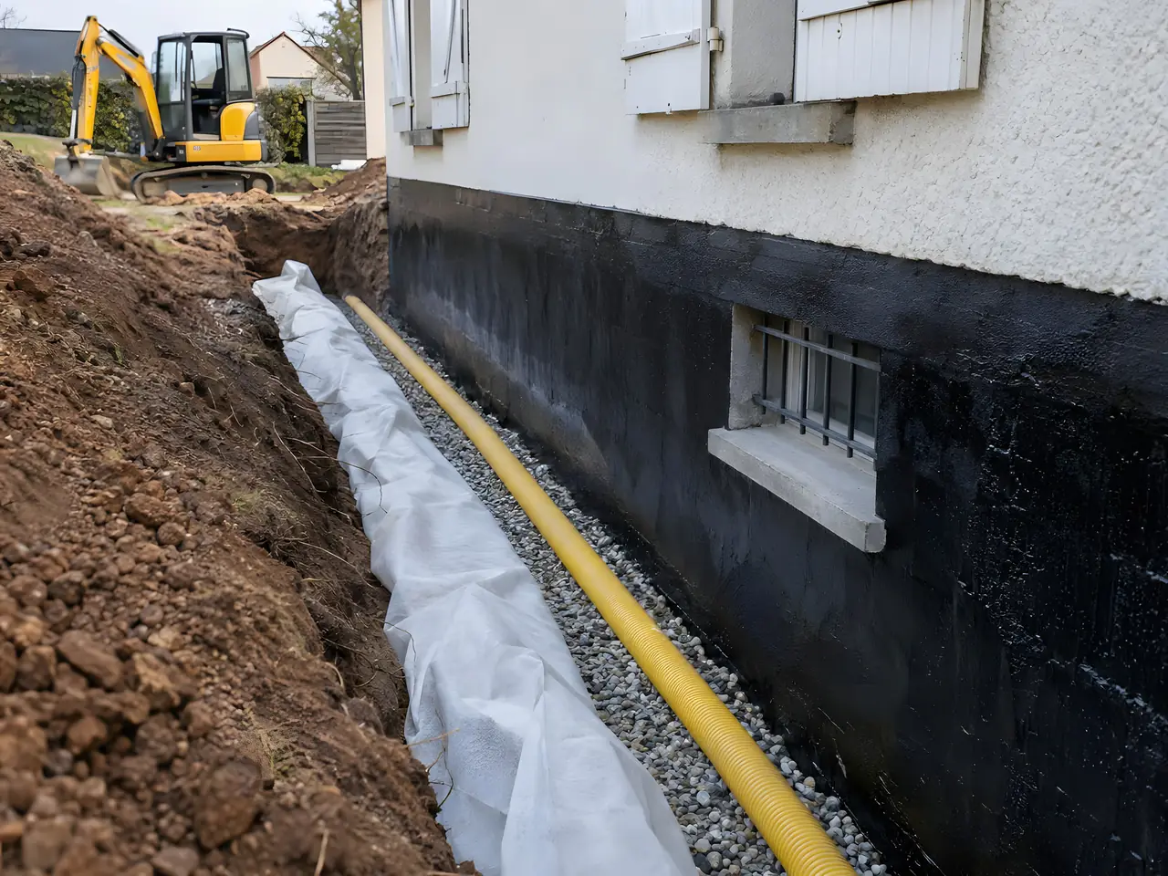 Tranchée de drainage au pied d'un mur : drain jaune sur gravier, dans une toile