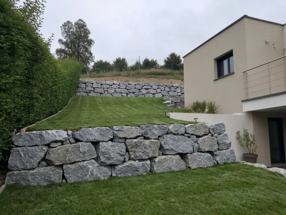 Le même talus retenu par deux lignes de blocs gris, pelouse plane gagnée entre elles