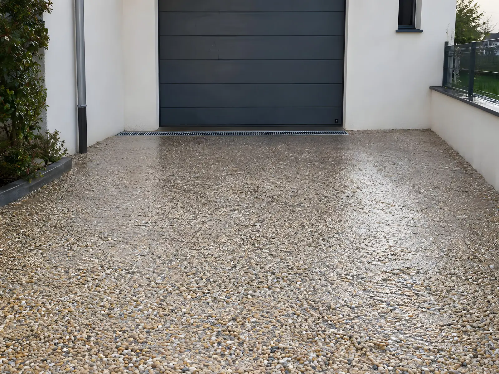 Cour en cailloux compactés, mouillée mais sans flaque, grille-caniveau posée en travers devant la porte du garage