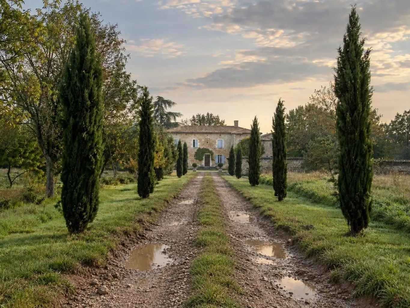 Allée de campagne bordée de cyprès, creusée d'ornières boueuses pleines d'eau, menant à une bâtisse en pierre