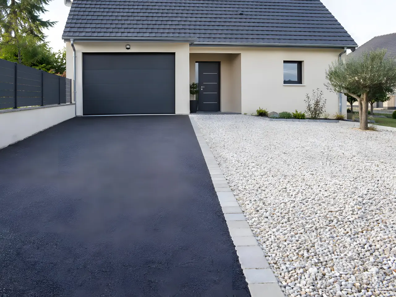 Entrée de pavillon partagée en deux : allée en enrobé noir neuf jusqu'au garage et grande aire de galets blancs à côté
