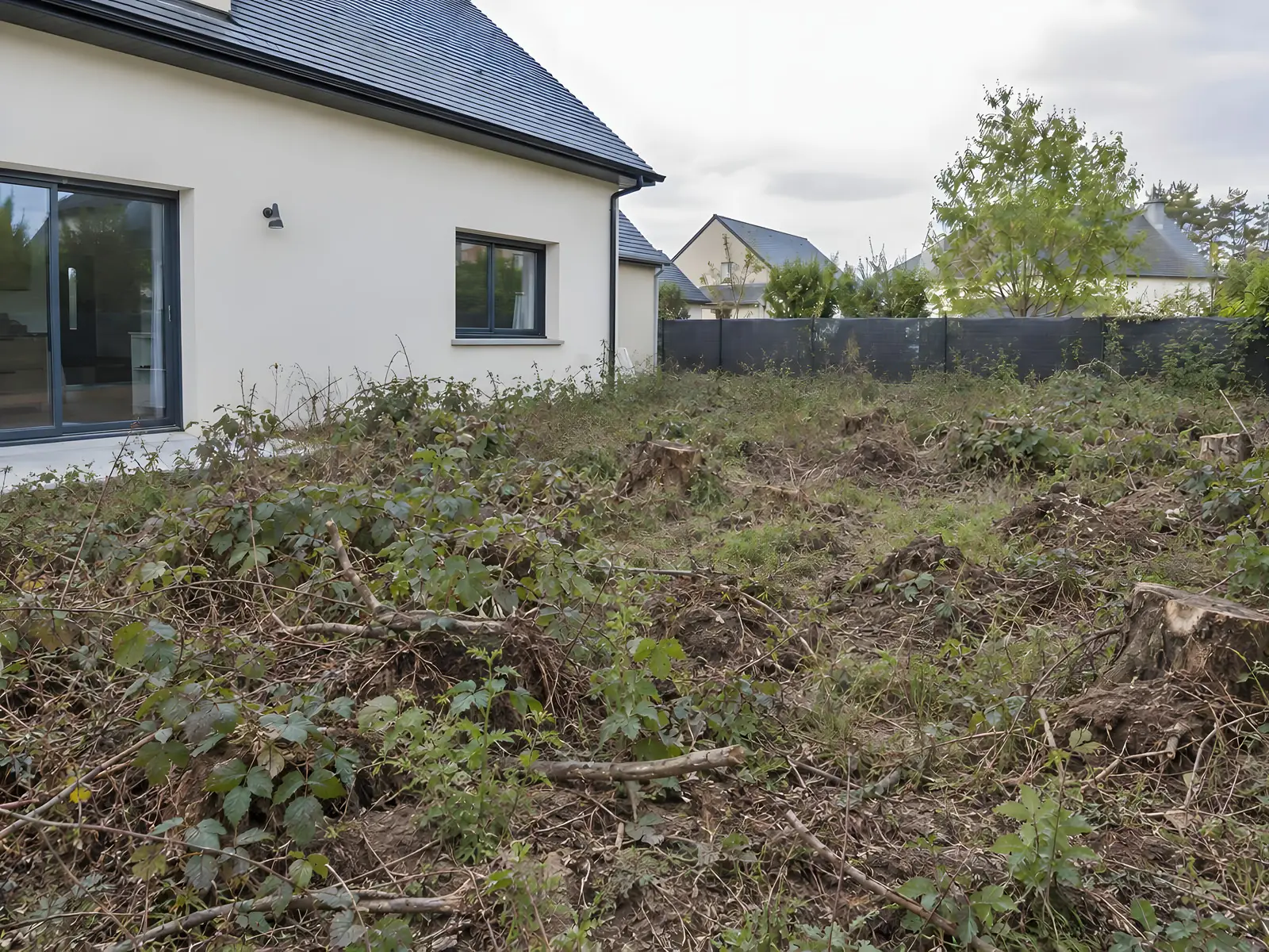 Terrain envahi de ronces et de souches coupées derrière une maison neuve aux murs blancs et grande baie vitrée