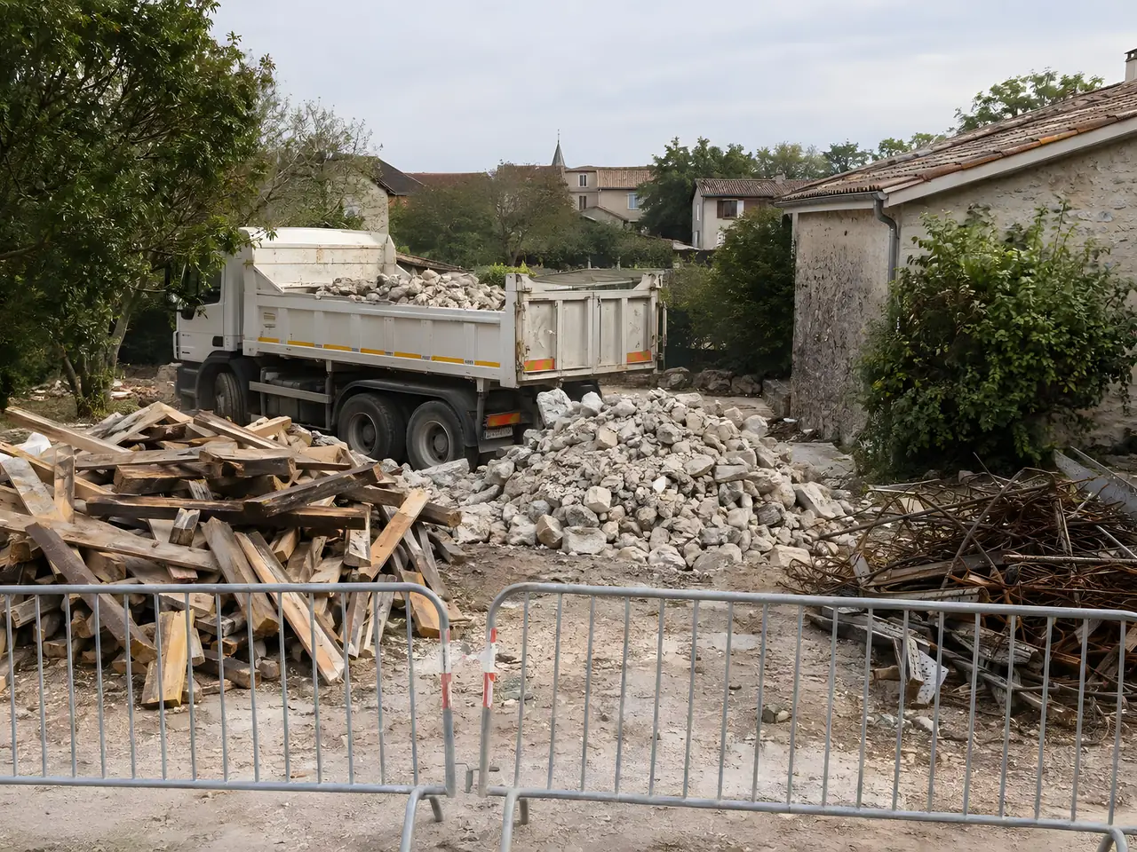 Débris de démolition triés en tas de bois, pierres et ferraille derrière des barrières, camion benne de gravats