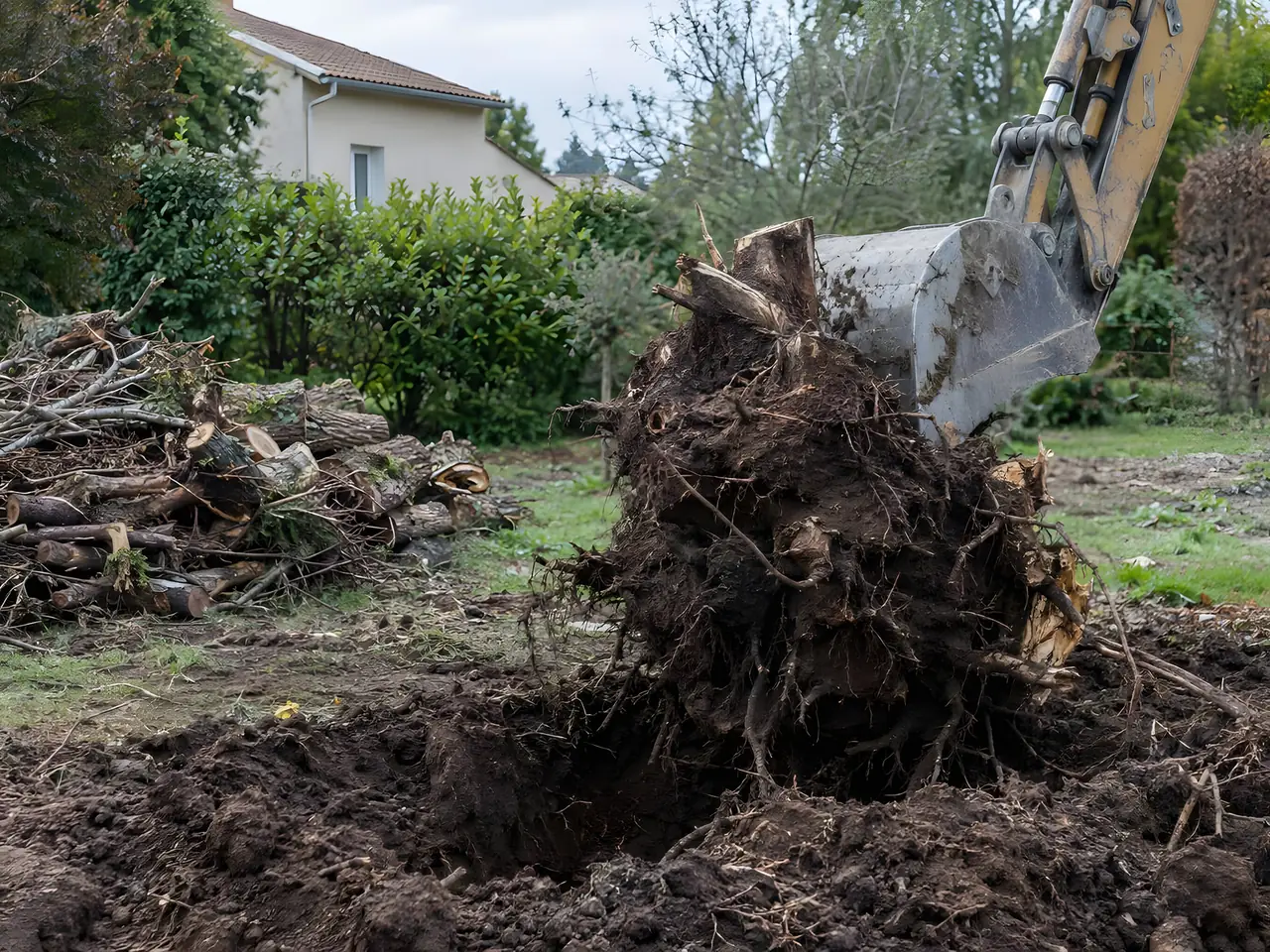 Godet de pelle qui arrache une grosse souche avec ses racines, trou de terre noire dessous et tas de bois coupé à côté