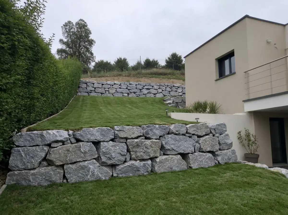Talus au pied d'une maison récente retenu par deux lignes de gros blocs gris, pelouse à plat entre elles