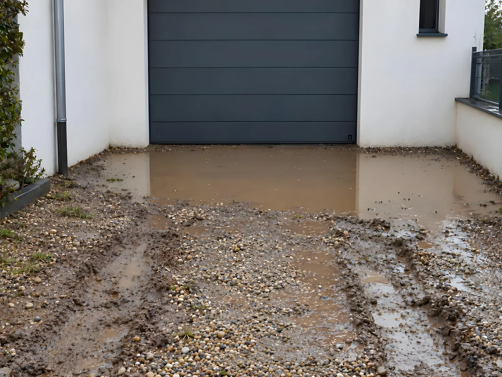 Cour en terre et gravier creusée d'ornières, grande flaque boueuse qui stagne devant une porte de garage grise