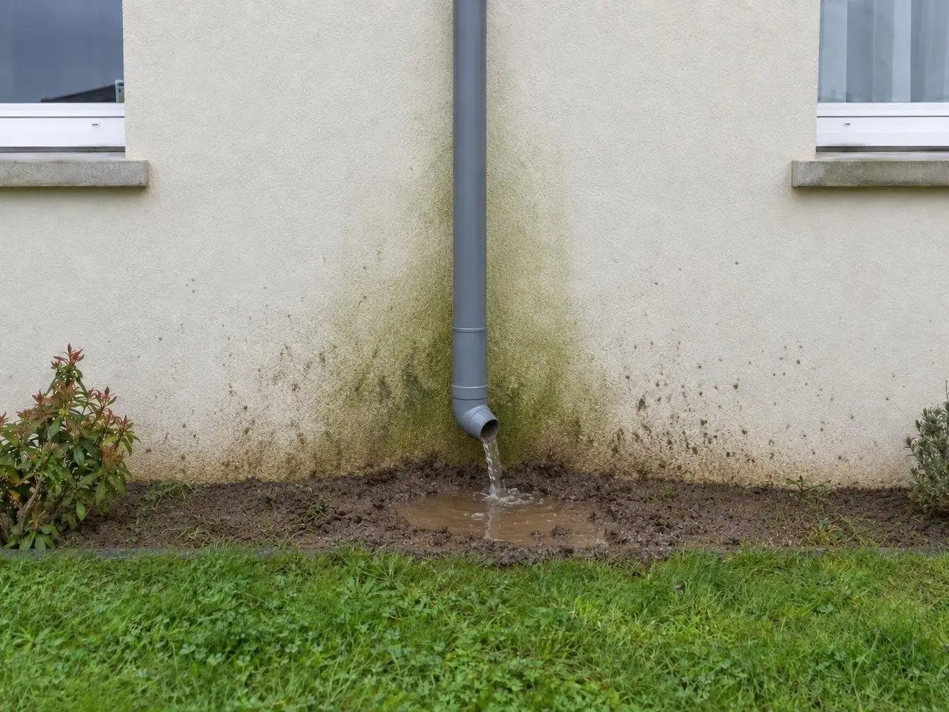 Descente de gouttière grise qui se déverse dans une flaque de boue au pied d'une façade beige tachée de vert