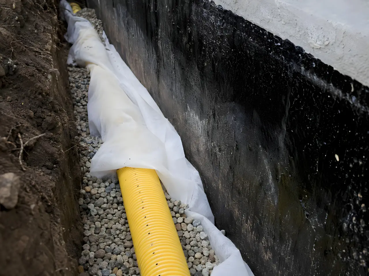 Drain jaune annelé couché dans le gravier contre un mur de sous-sol enduit noir, toile blanche repliée dessus