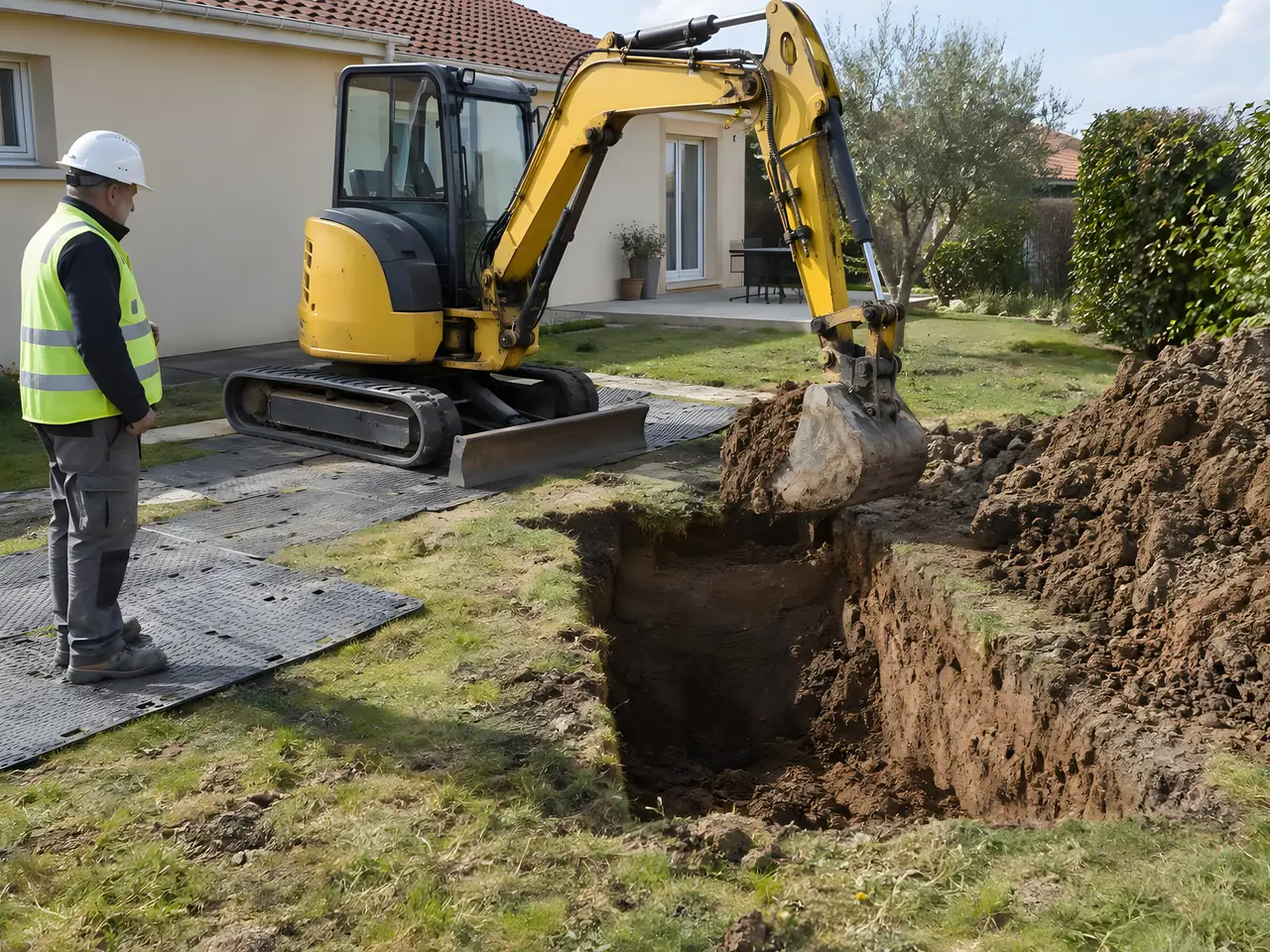 Mini-pelle jaune qui creuse une fouille aux bords droits dans un jardin, un ouvrier casqué en gilet jaune qui surveille