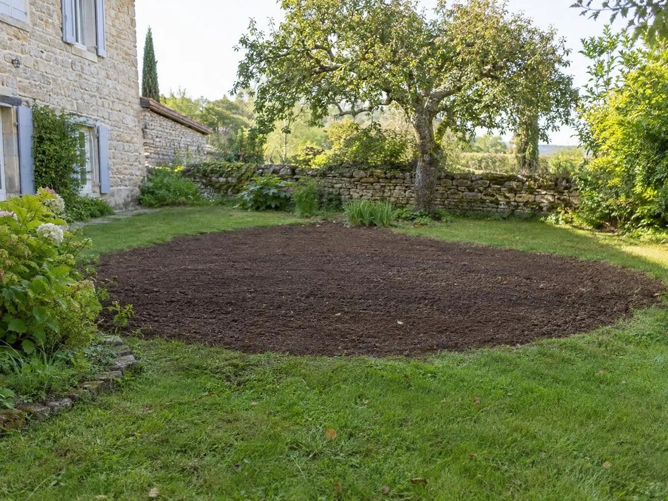 Terre brune remise à plat dans un coin de jardin, devant un muret de pierre sèche sous un vieux pommier
