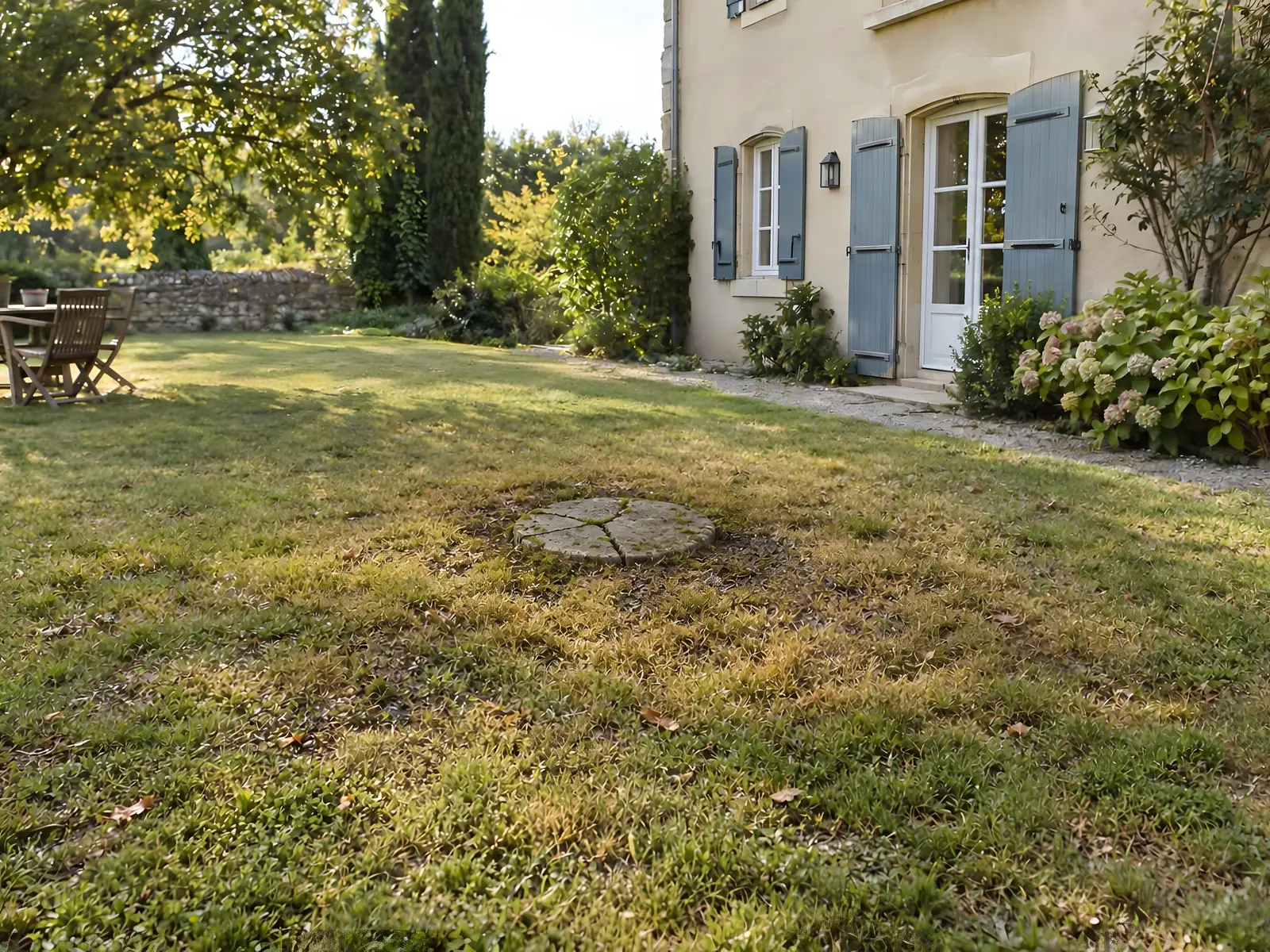 Pelouse jaunie devant une maison aux volets bleus, avec au milieu un vieux couvercle rond en béton fendu