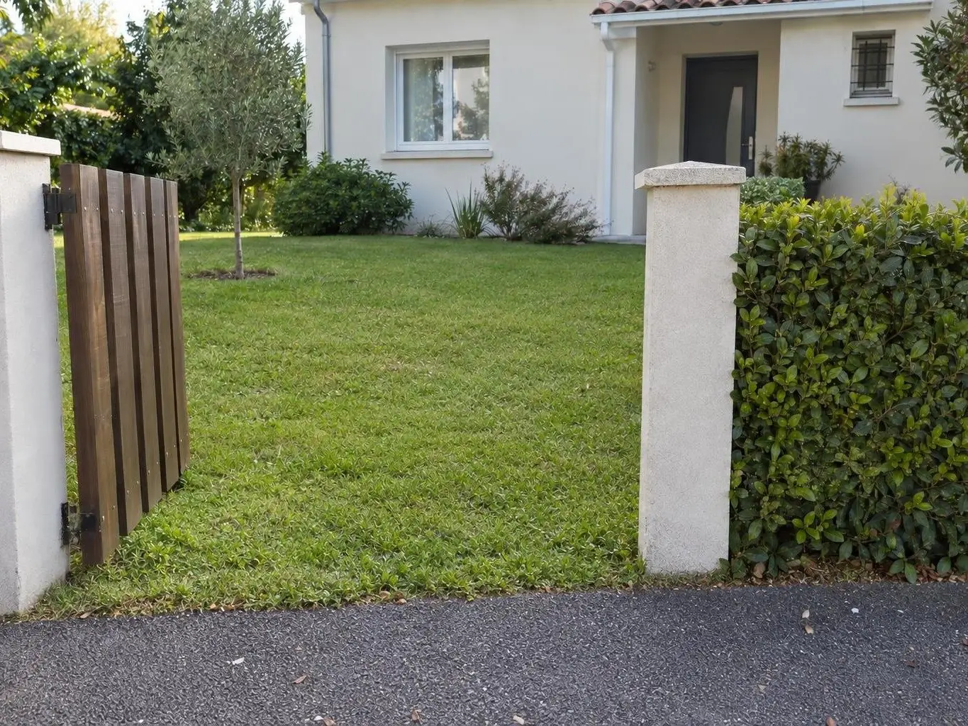 Pelouse uniforme devant un pavillon clair, vue depuis le trottoir par un portillon en bois ouvert