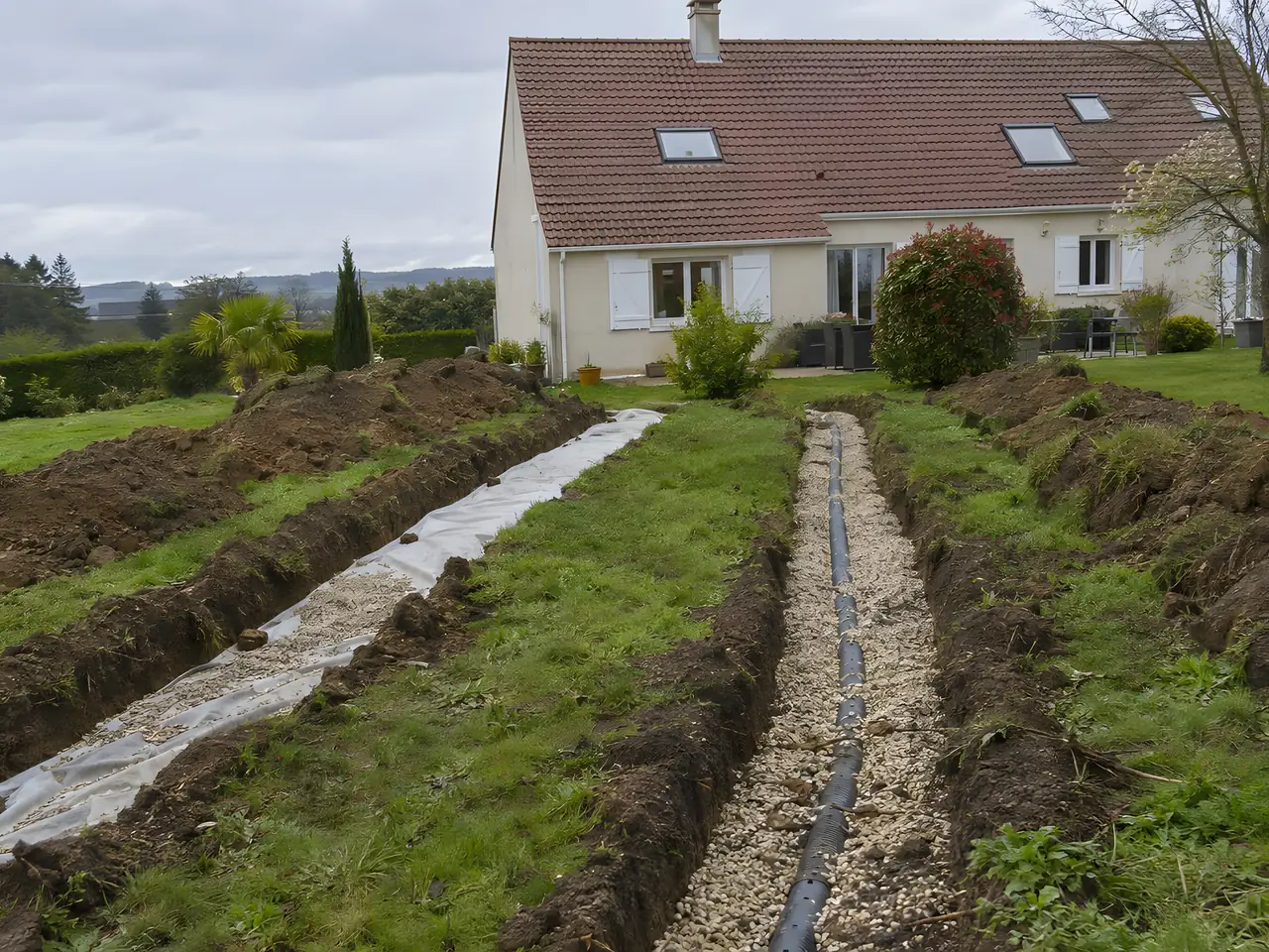 Jardin en pente devant une maison : deux longues tranchées garnies de graviers clairs, l'une avec un tuyau noir