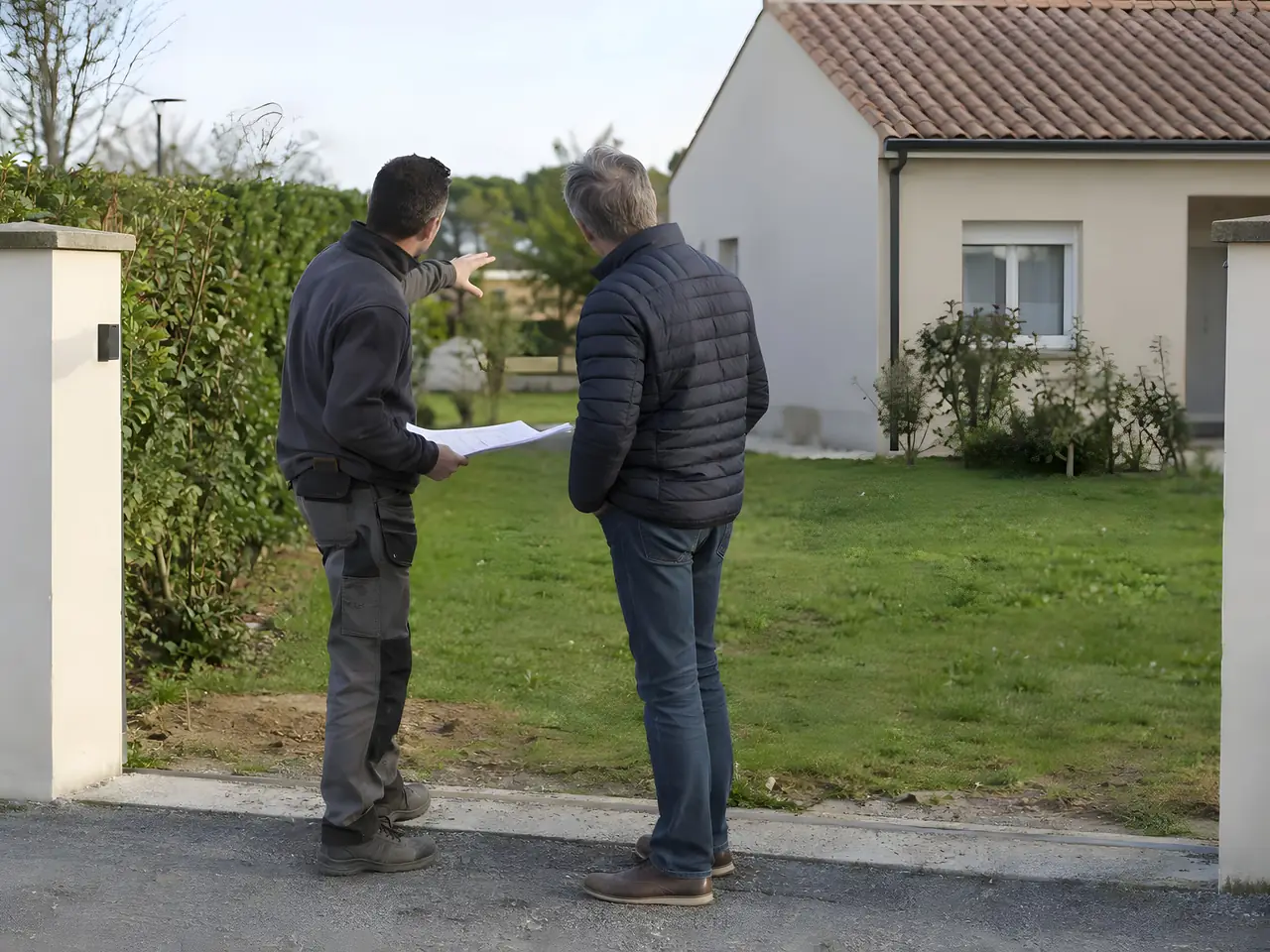 Terrassier un plan à la main qui montre le terrain à un propriétaire, tous deux debout à l'entrée d'un jardin de pavillon
