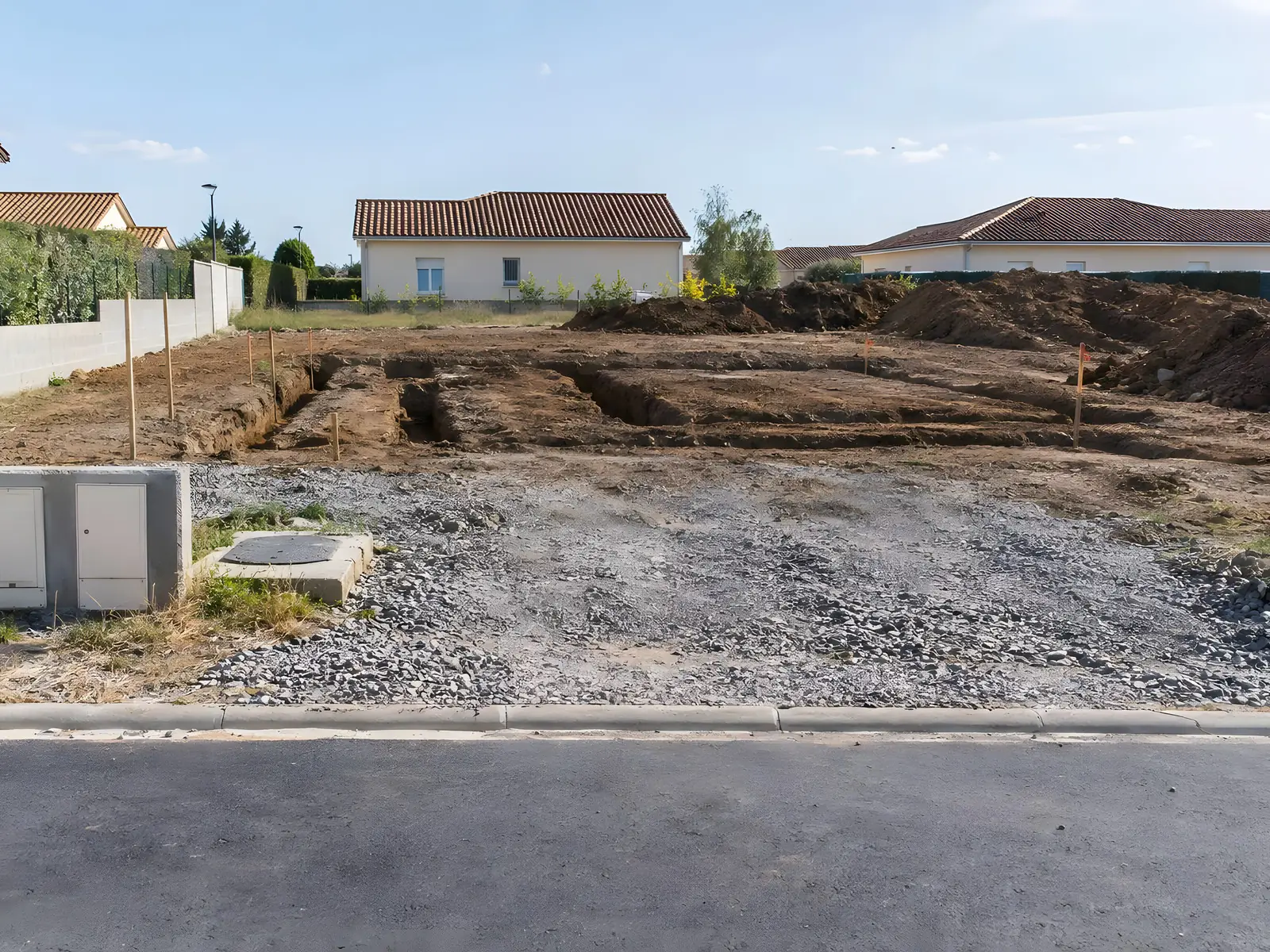 Terrain à bâtir décapé, tranchées de fondation creusées, entrée en gravier et coffrets de compteur au bord de la rue