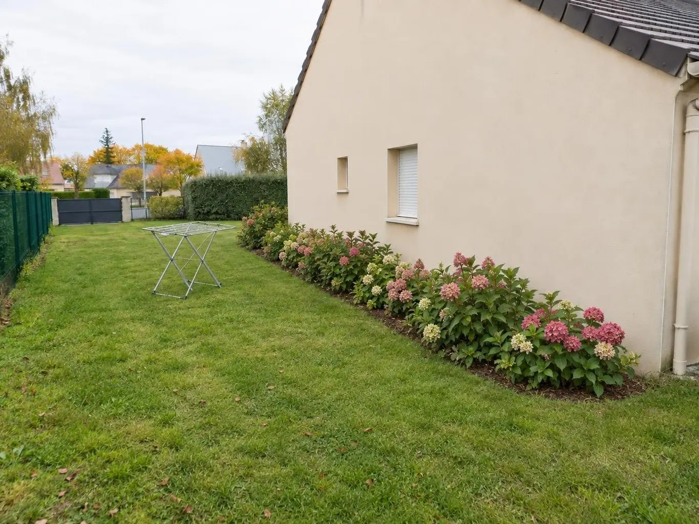 Pelouse continue le long du pignon d'un pavillon, massif d'hortensias, étendoir à linge pliant