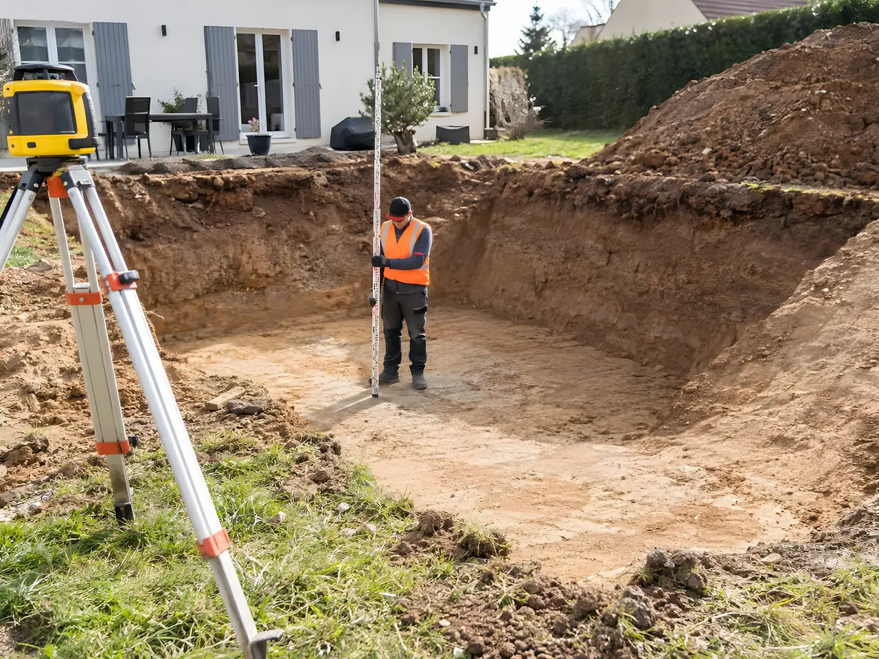 Fouille rectangulaire au fond plat dans un jardin, ouvrier en gilet orange avec la mire face au niveau laser