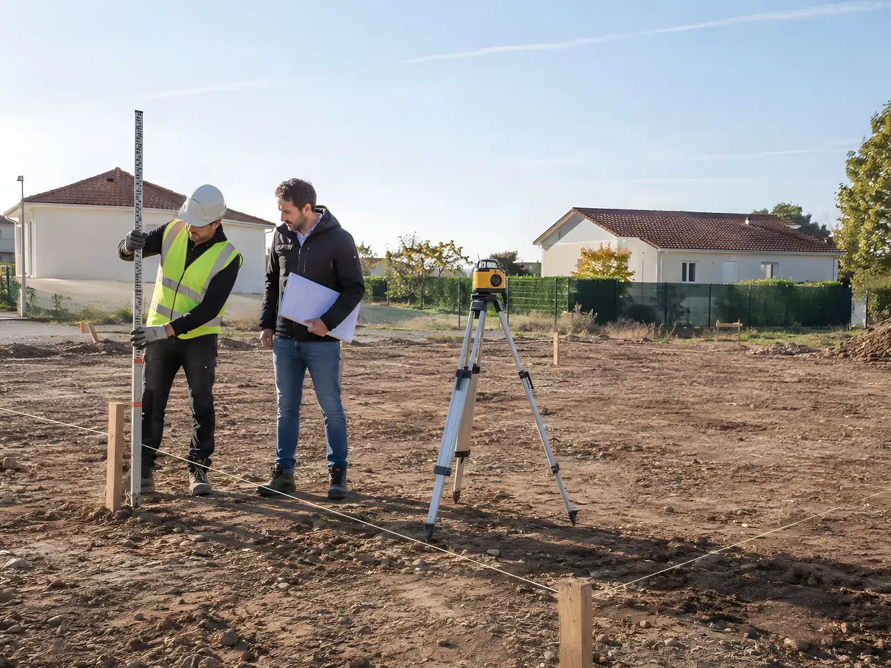 Artisan casqué en gilet jaune avec une mire près d'un laser sur trépied, un homme tenant des plans sur un terrain nu