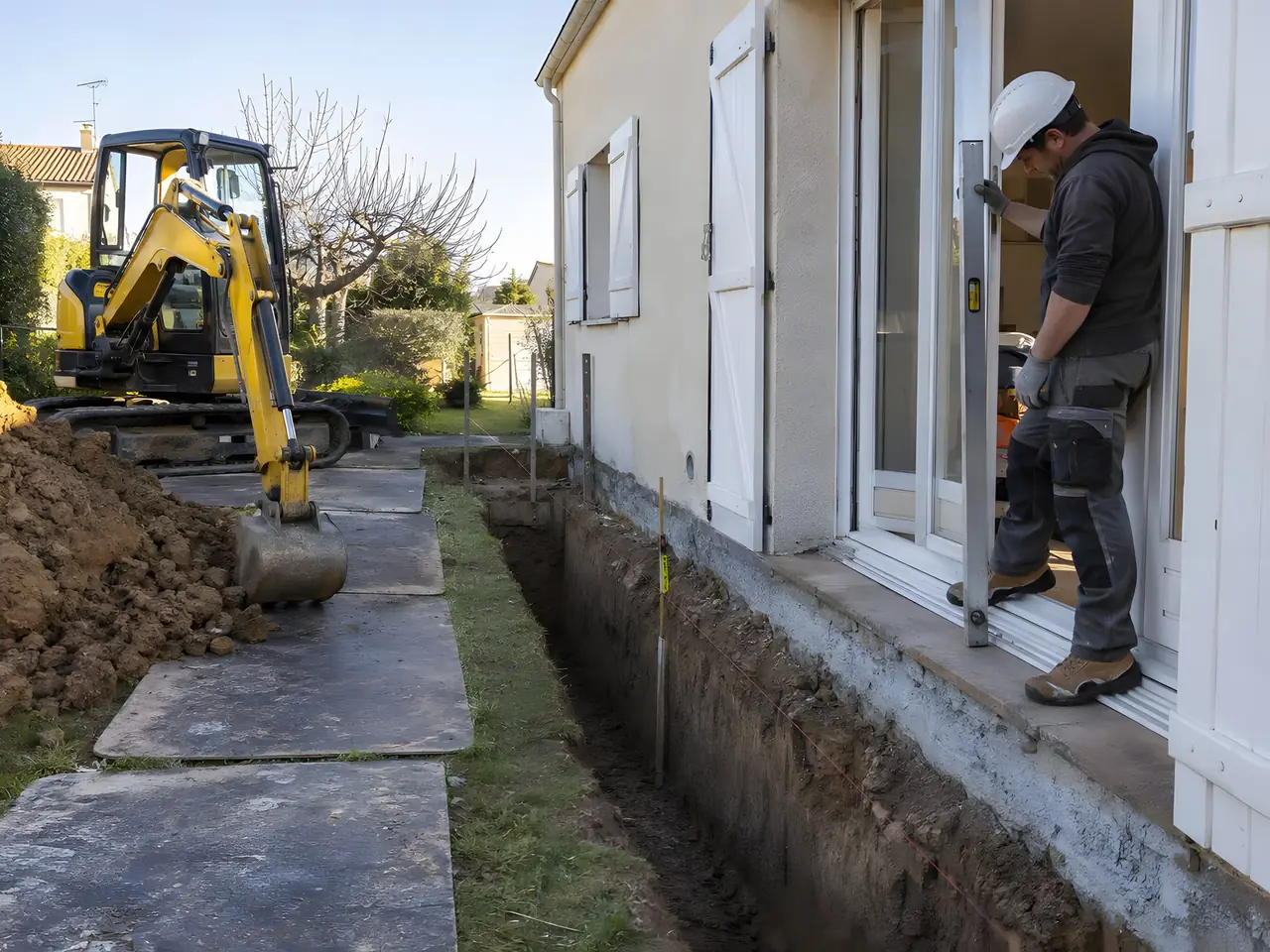 Tranchée de fondation ouverte le long d'une façade, mini-pelle jaune au fond et artisan casqué qui mesure à côté