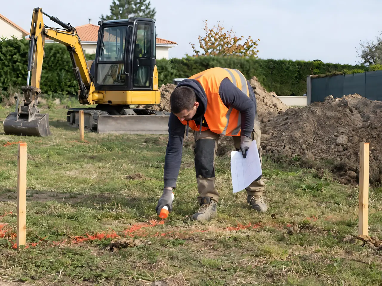 Terrassier penché qui trace au sol à la bombe orange entre des piquets en bois, mini-pelle jaune et tas de terre derrière