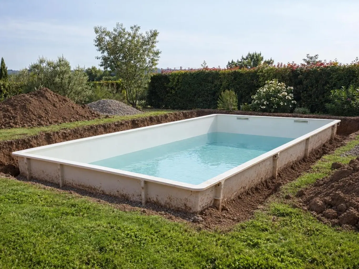 Piscine coque blanche posée dans sa fouille, vide de terre autour des parois, tas de terre sur la pelouse
