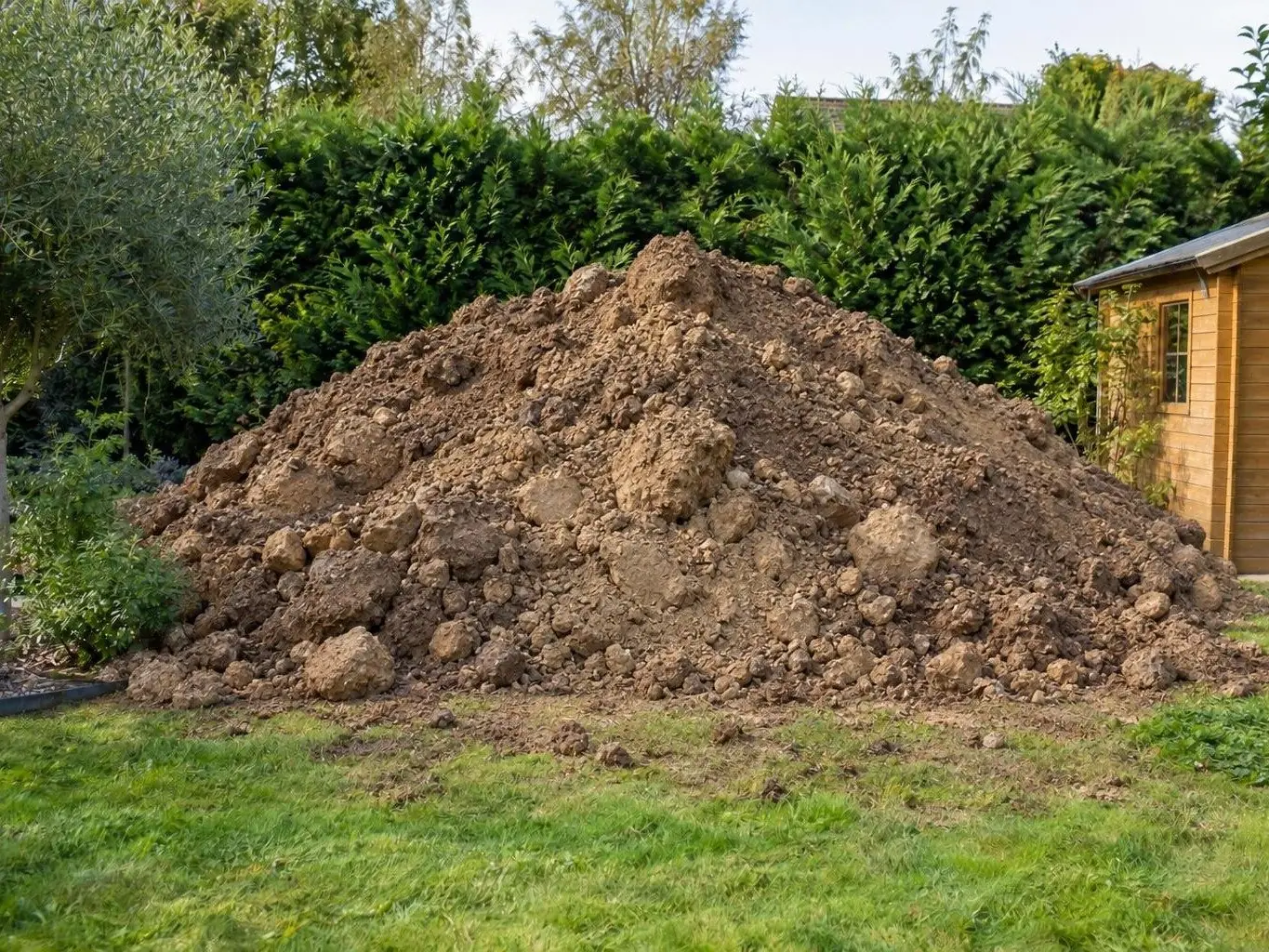 Énorme tas de terre de déblai devant une haie de thuyas, à côté d'un abri de jardin en bois
