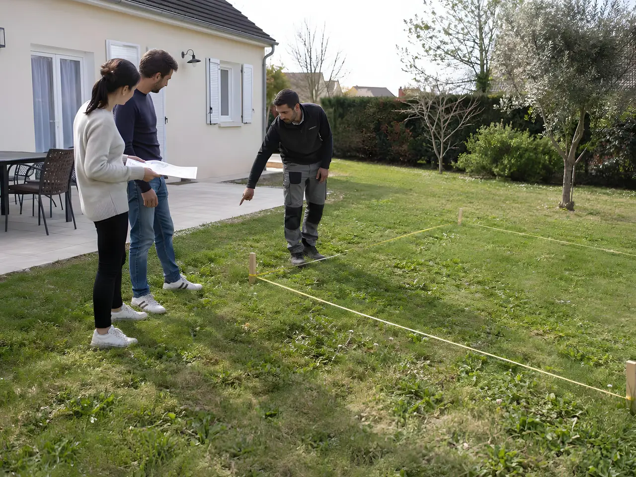 Artisan qui montre un tracé au cordeau sur la pelouse à un couple tenant un plan, près d'une terrasse