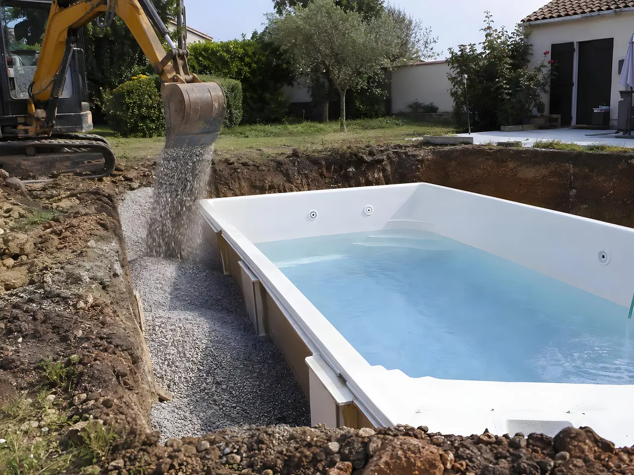 Bassin de piscine blanc à moitié rempli d'eau dans sa fouille, mini-pelle qui verse du gravier dans l'espace autour
