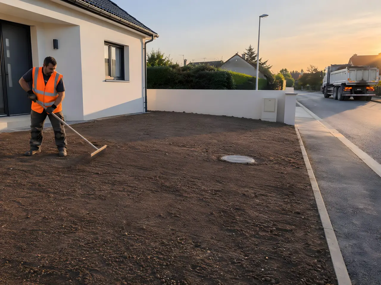 Ouvrier en gilet orange qui ratisse la terre remise à plat devant une maison neuve, tampon de regard qui affleure au sol