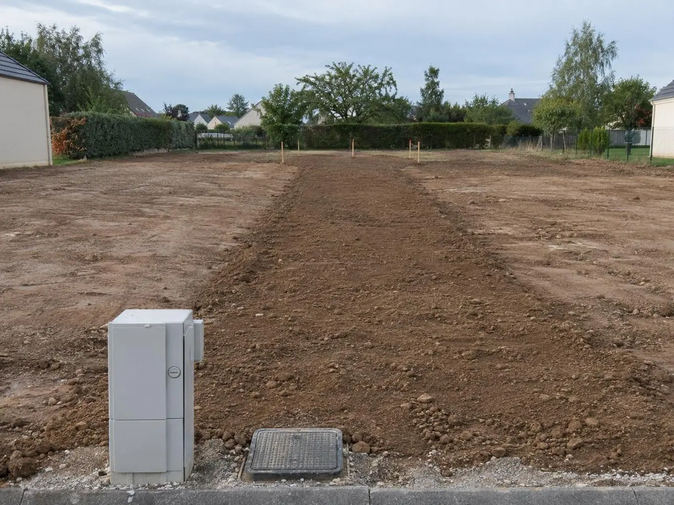 Bande de terre remblayée filant droit vers le fond d'un terrain à bâtir depuis un coffret électrique gris
