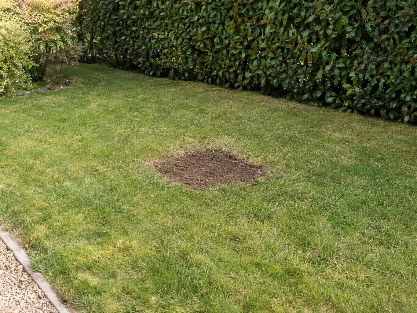 Petit carré de terre brune rebouché, tassé au milieu d'une pelouse verte, près d'une haie persistante