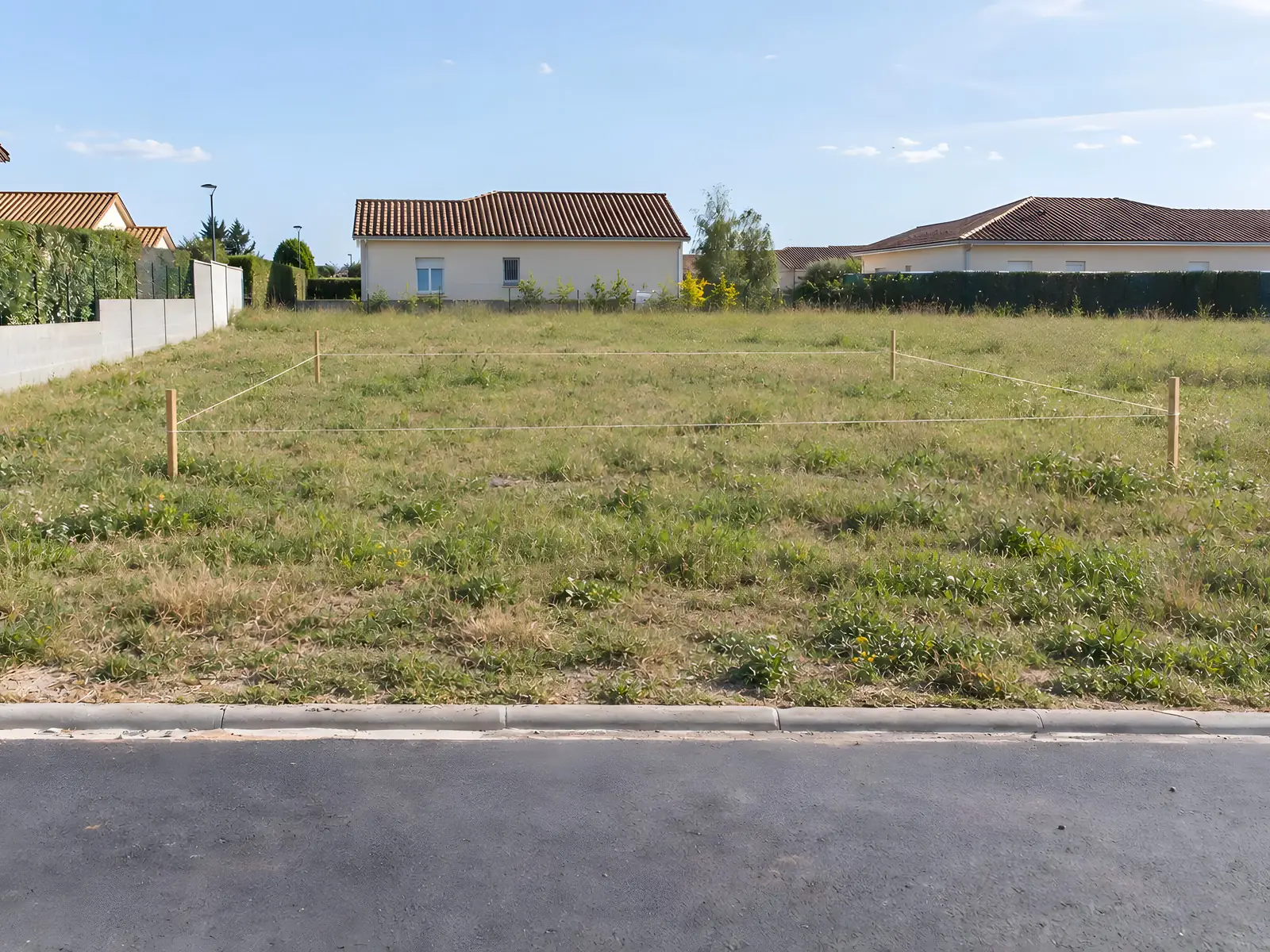 Terrain à bâtir en herbe délimité par des piquets et des cordeaux, entre des pavillons, vu depuis la rue
