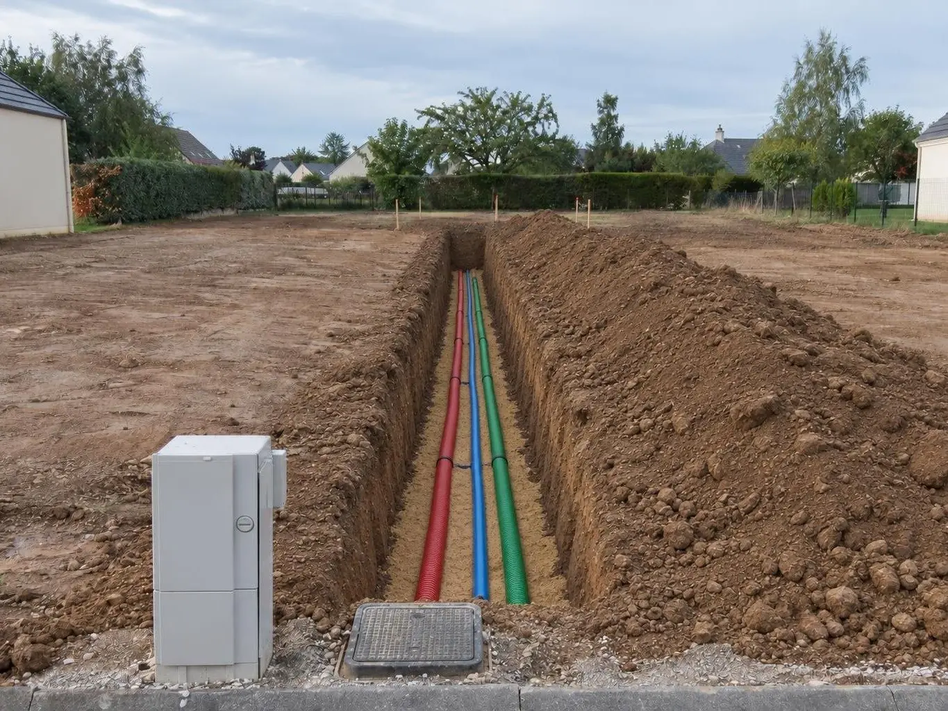 Tranchée ouverte sur un terrain à bâtir, gaine rouge, tube bleu, gaine verte au fond sur lit de sable