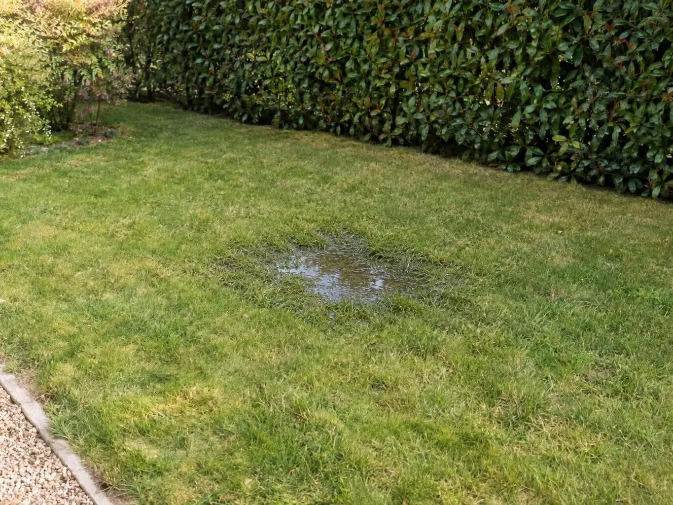 Coin de pelouse détrempé où une flaque d'eau claire suinte du sol, près d'une haie persistante