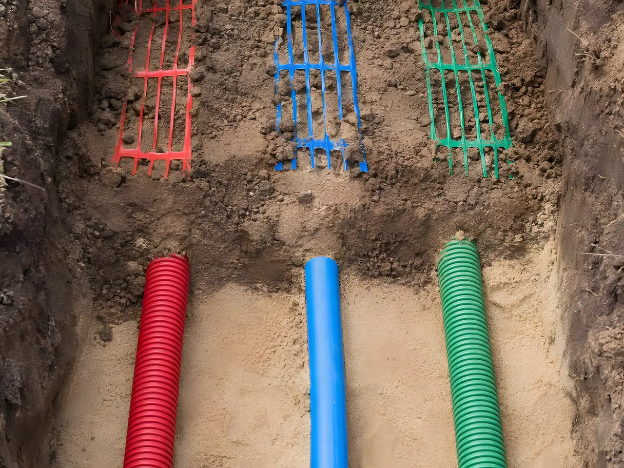 Fond de tranchée vu d'en haut : gaine rouge, tube bleu et gaine verte sur un lit de sable, grillages de couleur au-dessus