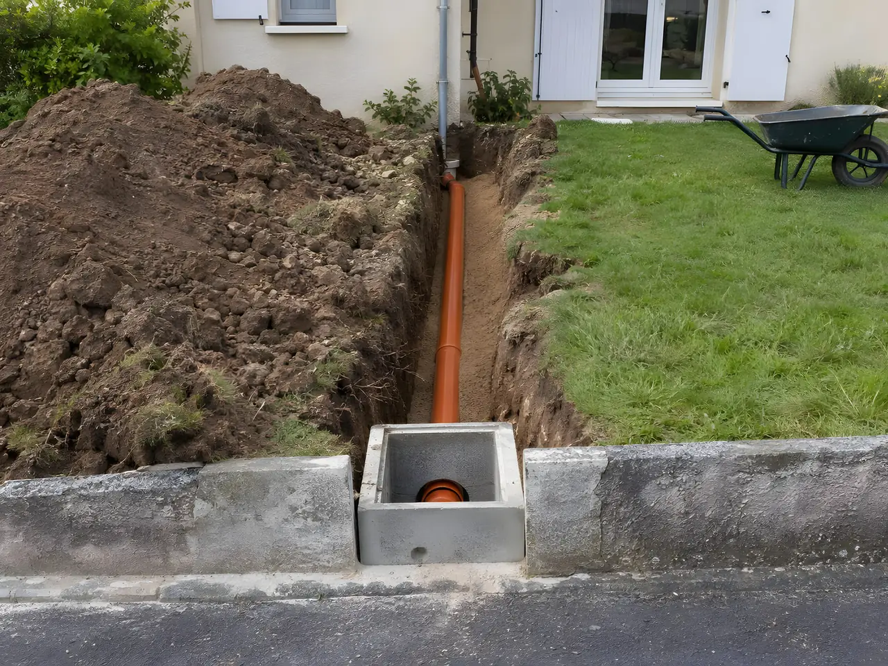 Tranchée qui traverse la pelouse depuis la maison, tuyau orange jusqu'à un regard en béton neuf près du trottoir