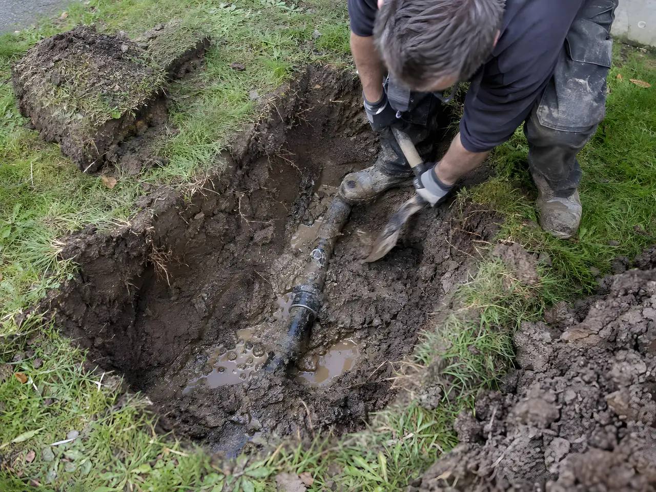 Ouvrier qui dégage à la pelle une conduite d'eau noire enterrée dans un trou boueux ouvert dans la pelouse