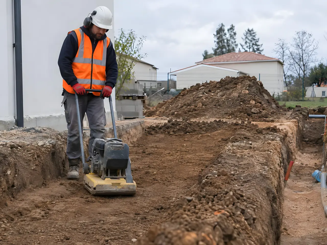 Ouvrier casqué en gilet orange qui compacte à la plaque vibrante la terre d'une tranchée en cours de remblai