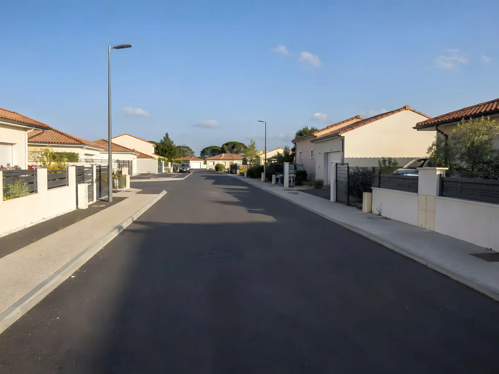 Voie de lotissement en enrobé noir neuf, bordures droites et trottoirs clairs devant les murets des pavillons