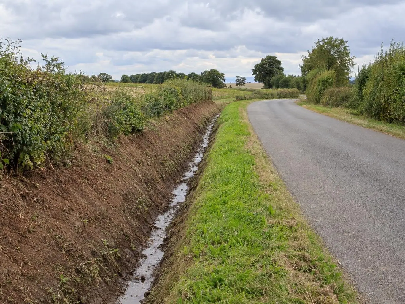 Fossé recreusé en V aux talus de terre brune le long d'une route de campagne, un filet d'eau claire au fond