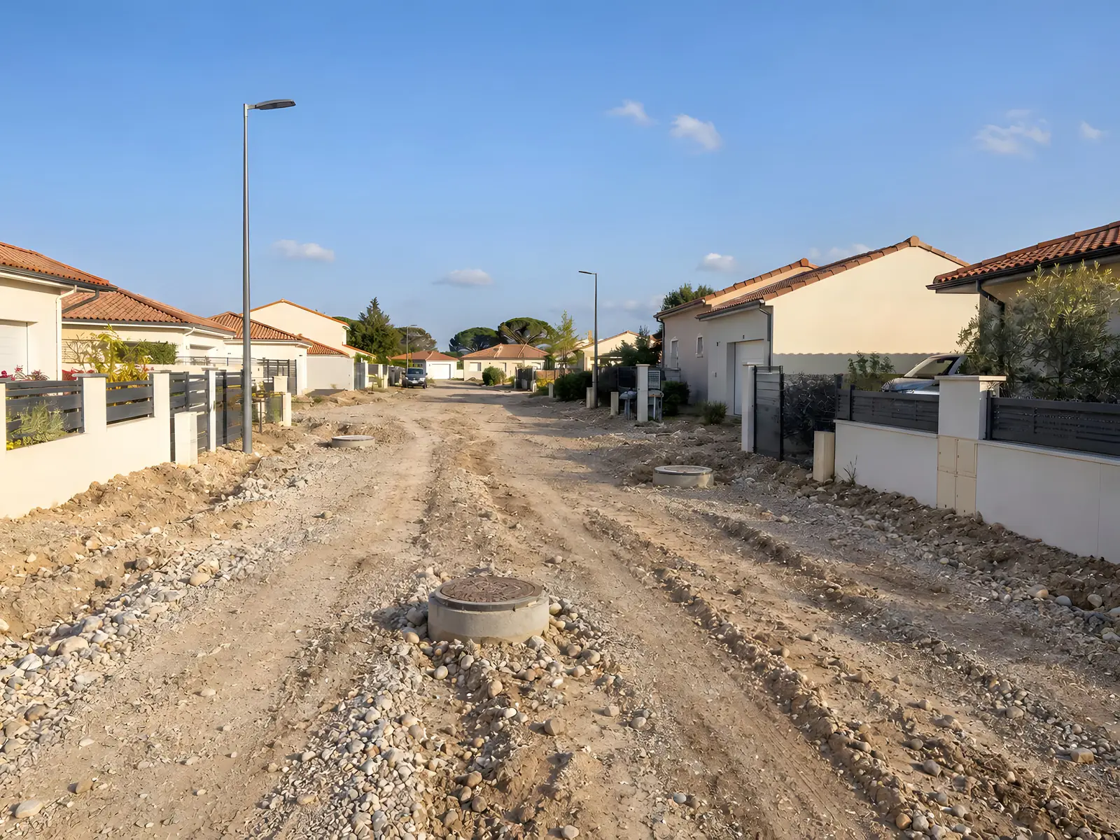 Voie de lotissement en terre et cailloux, sans trottoir, tampons de regard qui dépassent du sol entre les pavillons