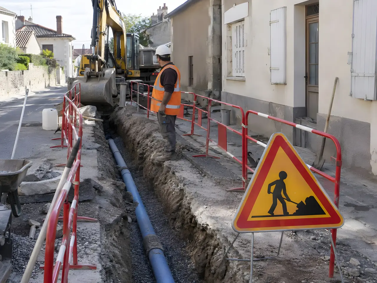 Tranchée ouverte dans une rue de village, conduite bleue au fond, barrières rouges et blanches et panneau de travaux