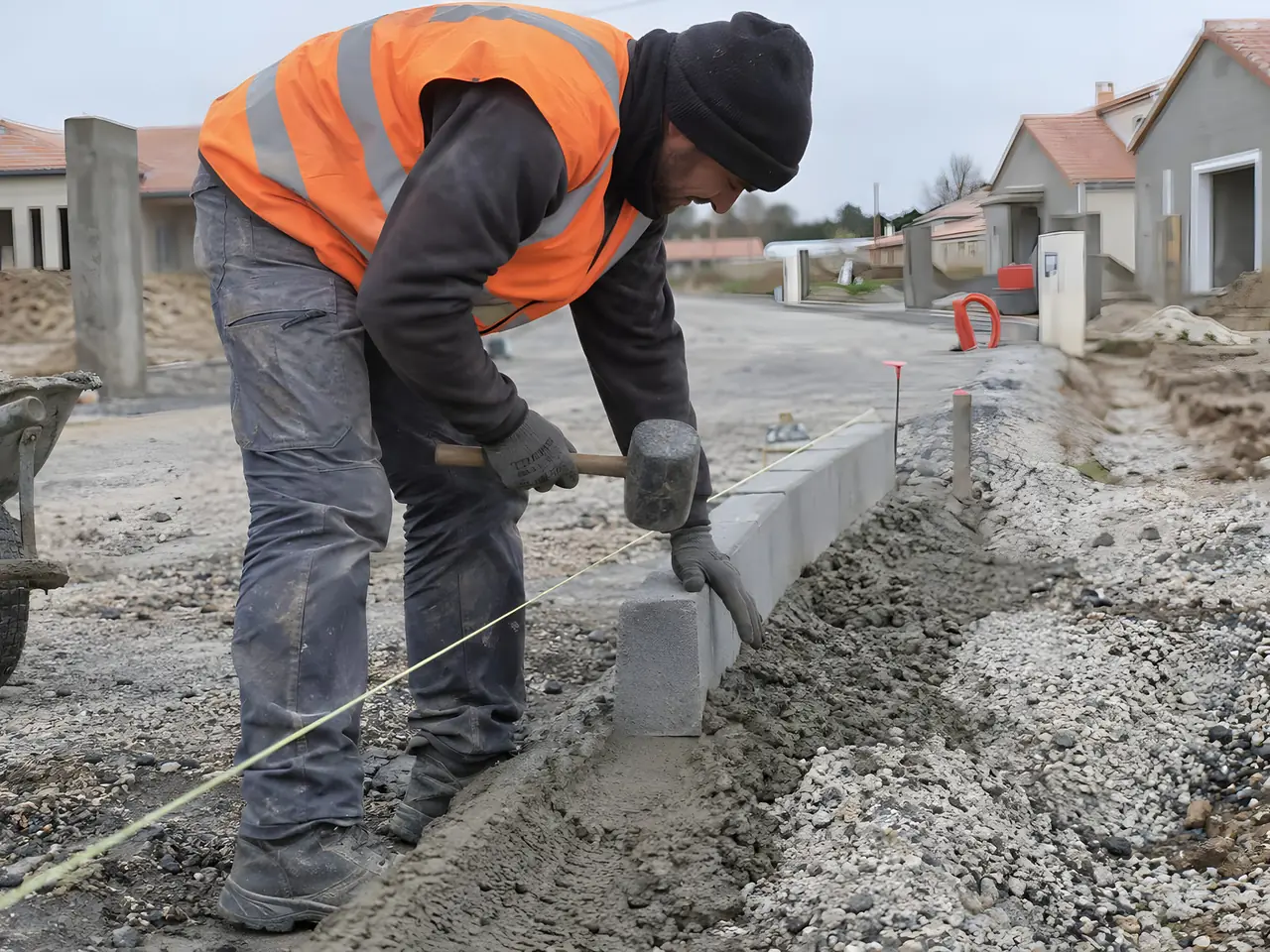 Ouvrier en gilet orange qui cale au maillet une bordure en béton sur un lit de béton frais, le long d'un cordeau jaune