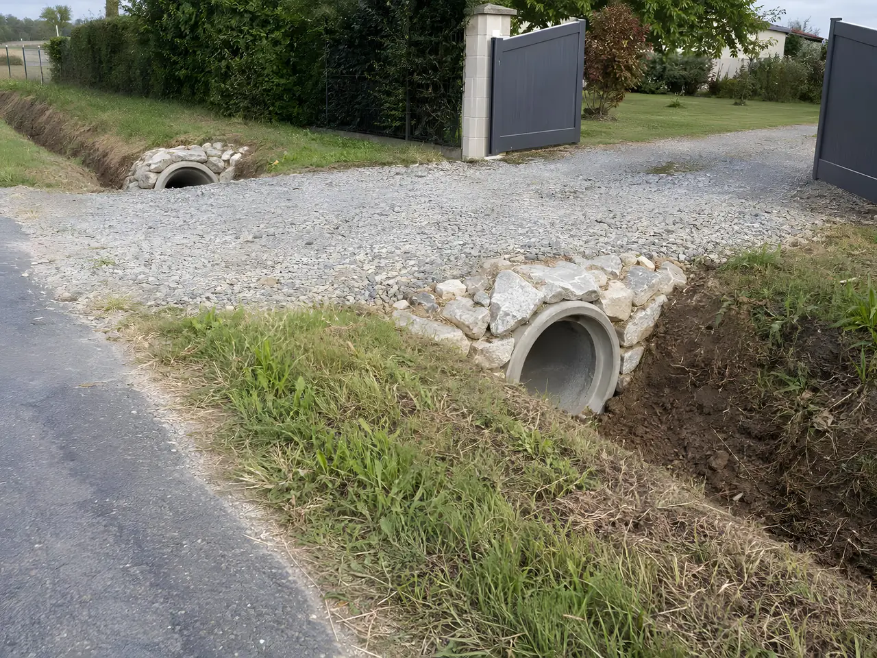 Fossé enherbé au bord d'une route de campagne, entrée en gravier posée sur une buse en béton entourée de pierres
